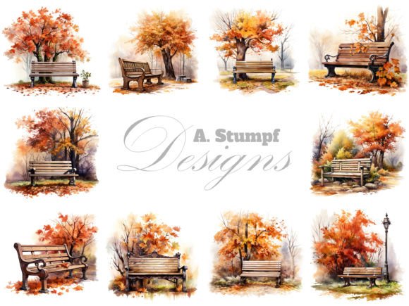 Bench in Autumn Park Watercolor Clipart