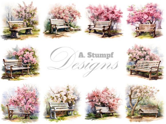 Bench in Spring Park Watercolor Clipart