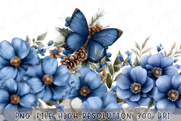 Blue Floral Watercolor Winter Butterfly