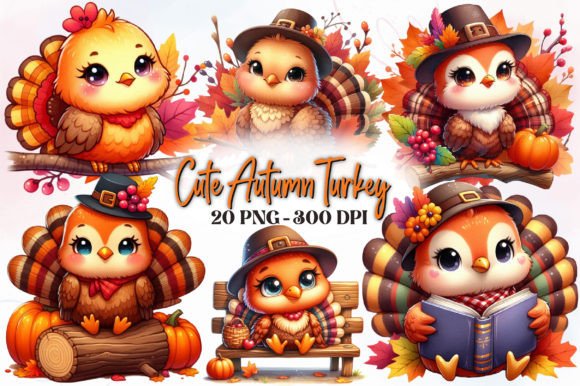 Cute Autumn Turkey Watercolor Clipart