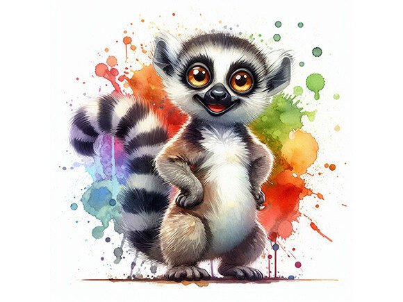 Cute Lemur Cartoon in Watercolor Paintin