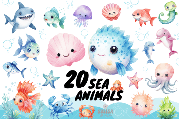 Cute Sea Animals Watercolor Clipart
