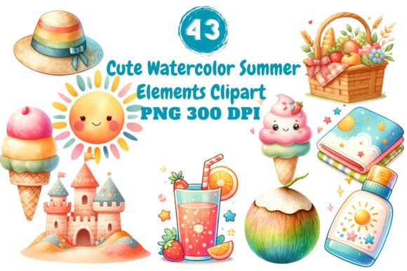 Cute Watercolor Summer Elements Clipart
