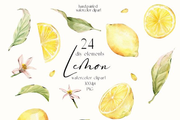 Lemons Watercolor Clipart for Citrus Wedding Design