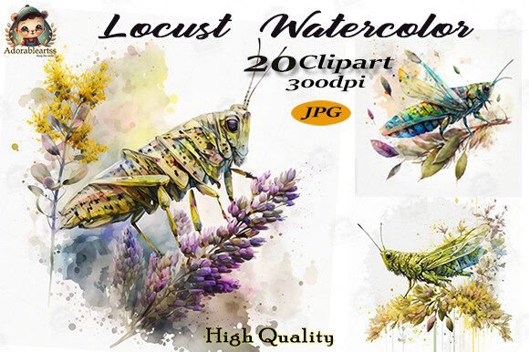 Locust Insect Watercolor Clipart Bundle