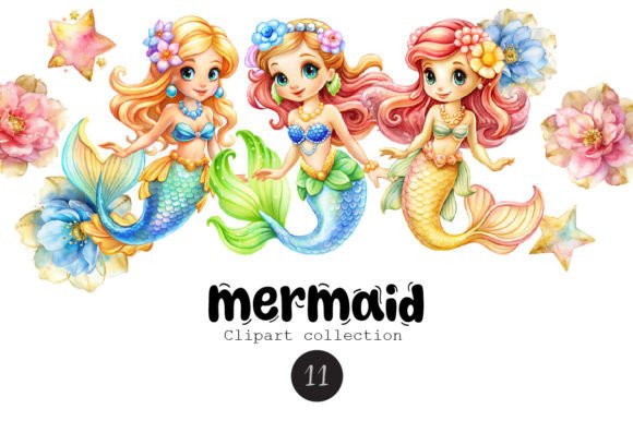 Mermaid Watercolor Clipart Set