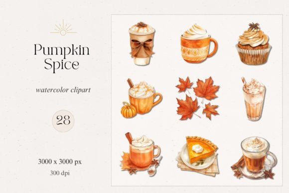 Pumpkin Spice Watercolor Clipart 28 Pcs