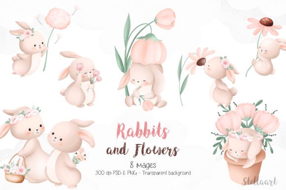 Rabbits and Flowers Watercolor Clipart: A Playful Font for Whimsical Branding