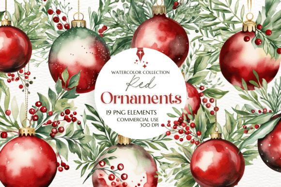 Red Ornaments Watercolor Clipart for Modern Creatives