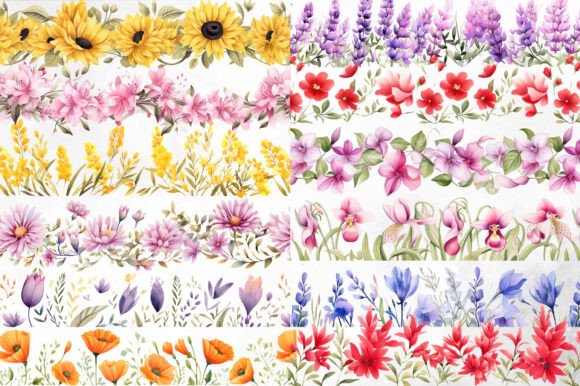 Seamless Watercolor Floral Border Bundle for Modern Design