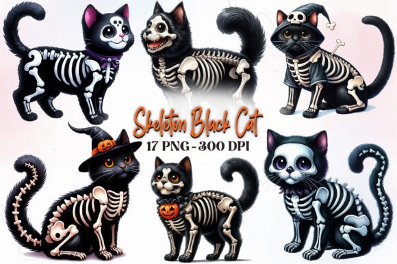 Skeleton Black Cat Watercolor Clipart