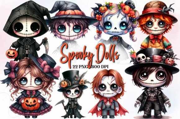 Spooky Dolls Watercolor Clipart Bundle