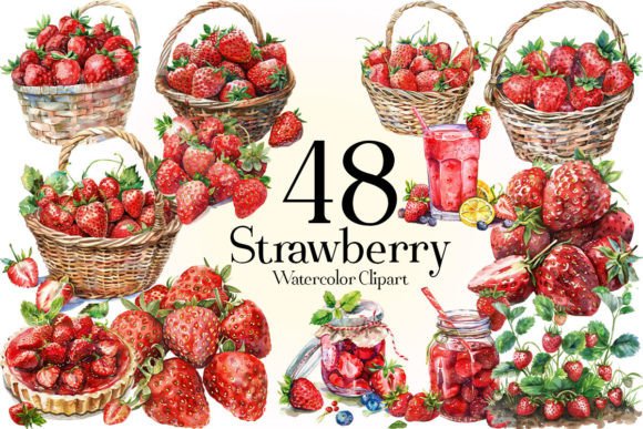 Strawberry Watercolor Clipart Bundle for Organic Branding