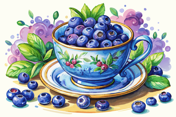Teacup with Blueberries Watercolor: Artistic Font for Cozy Branding