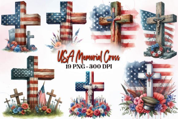 USA Memorial Cross Watercolor Clipart for Thoughtful Design