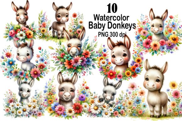 Watercolor Baby Donkeys Clipart: Charming Design Assets for Creative Projects
