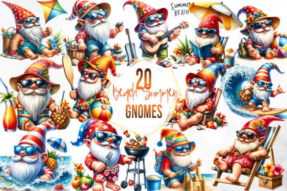 Watercolor Beach Summer Gnome Clipart for Playful Branding