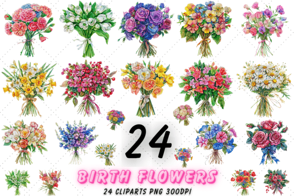 Watercolor Birth Month Flower Clipart in Modern Design