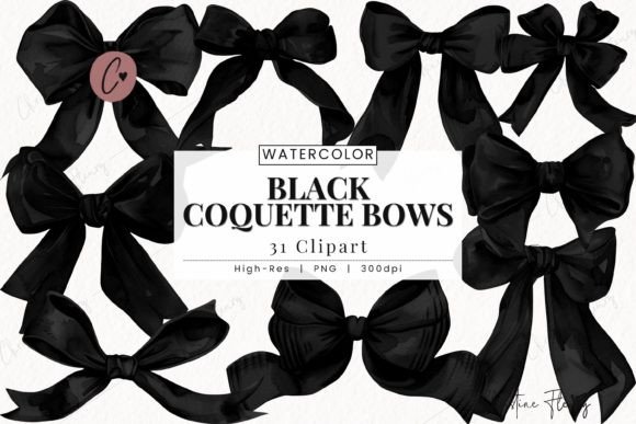 Watercolor Black Coquette Bows Clipart