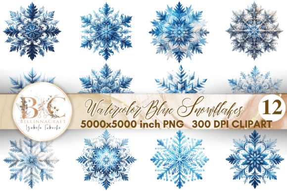 Watercolor Blue Snowflakes Clipart for Winter Design