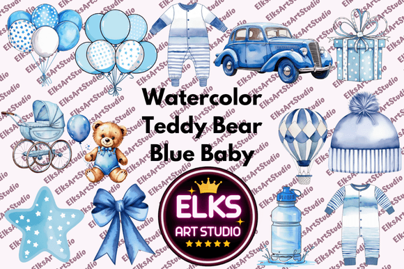 Watercolor Blue Teddy Bear Clipart for Baby Designs