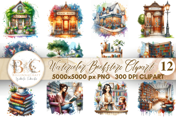 Watercolor Bookstore Book Shop Clipart