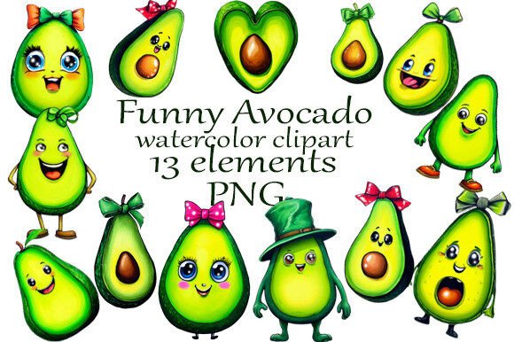 Watercolor Clipart Funny Avocado PNG for Creative Projects