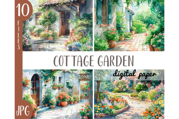 Watercolor Cottage Garden Clipart JPG