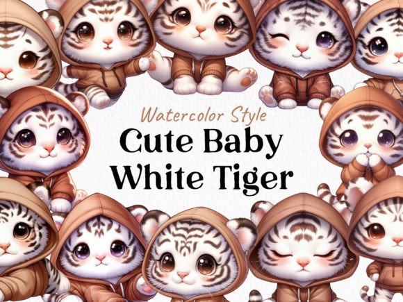 Watercolor Cute White Tiger PNG Bundle