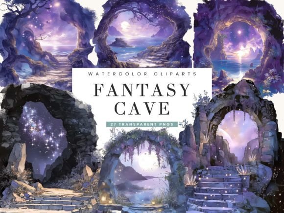 Watercolor Fantasy Cave Clipart Bundle