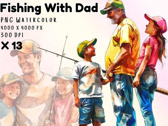 Watercolor Fishing with Dad Clipart Guide