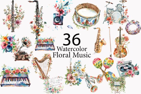 Watercolor Floral Music Clipart