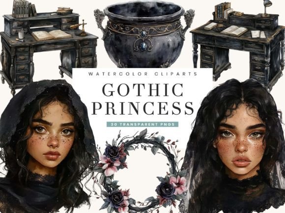 Watercolor Gothic Princess Clipart Collection