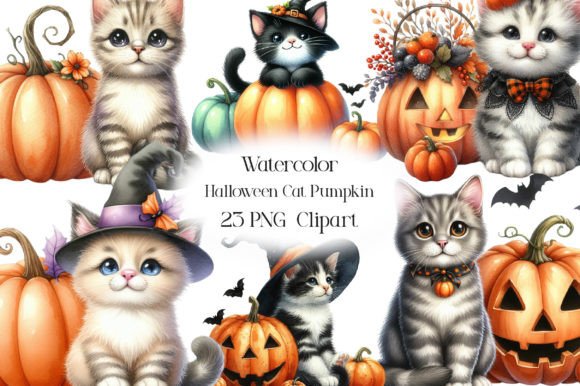 Watercolor Halloween Cat Pumpkin Clipart for Creative Projects