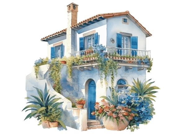 Watercolor Mediterranean Houses Clipart for Branding