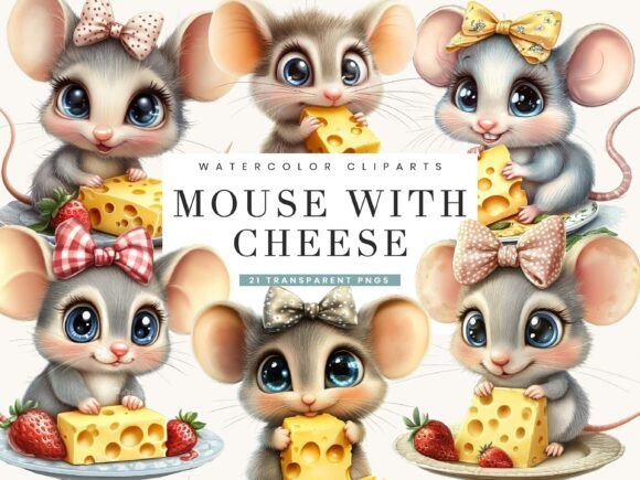 Watercolor Mouse with Cheese Clipart: A Whimsical Display Font with Hand-Painted Charm