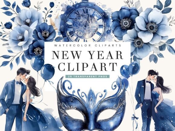Watercolor New Year Clipart Bundle for Festive Branding Projects