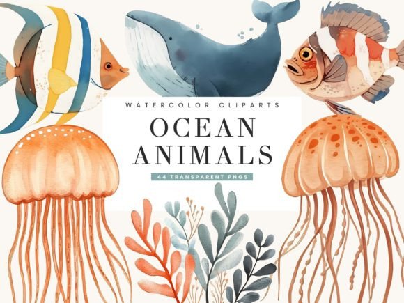 Watercolor Ocean Animals Clipart Bundle