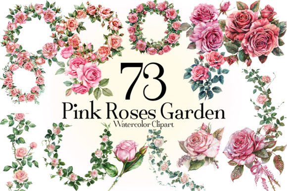 Watercolor Pink Roses Garden Clipart