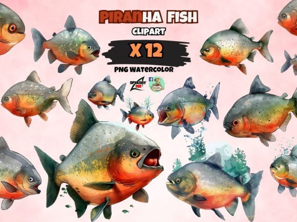 Watercolor Piranha Clipart PNG Bundle: Wild and Versatile Design Assets
