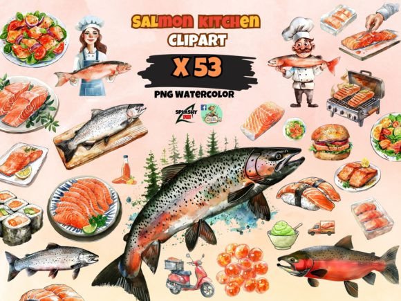 Watercolor Salmon Kitchen Clipart