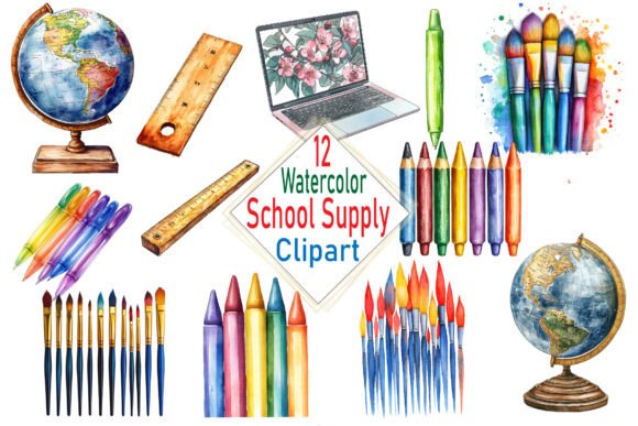Watercolor School Supplies Clipart Bundle for Branding and Design