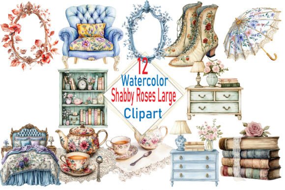 Watercolor Shabby Roses Clipart Set