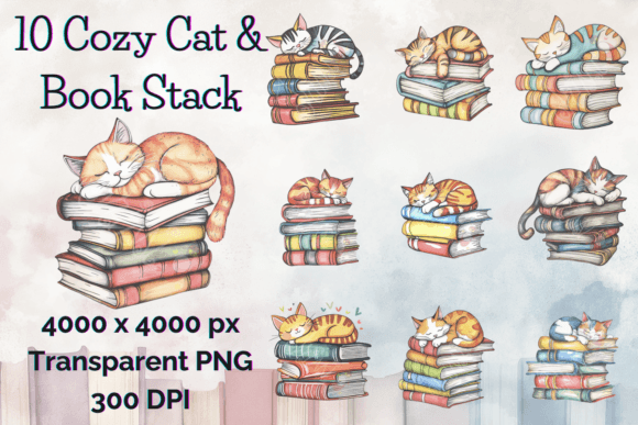 Watercolor Sleeping Cat Clipart Book PNG