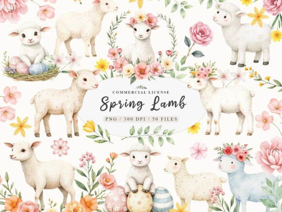 Watercolor Spring Floral Baby Lamb Png for Gentle Branding