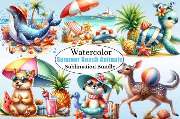 Watercolor Summer Beach Animals Clipart