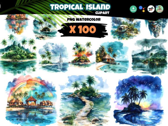 Watercolor Tropical Island Clipart PNG