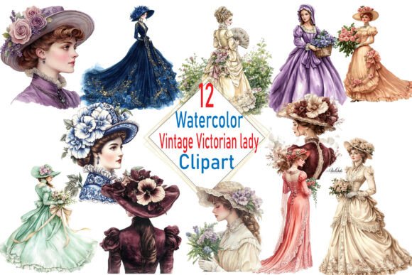 Watercolor Vintage Victorian Lady Clipart for Design Projects