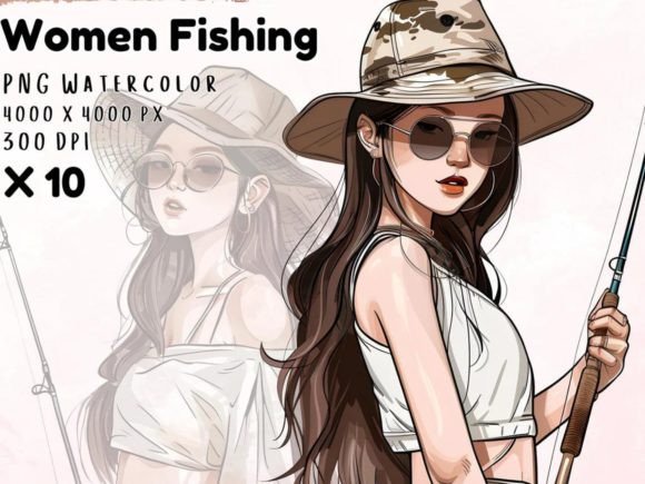 Watercolor Women Fishing Clipart Set